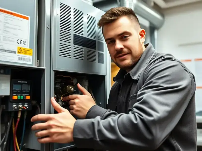 Furnace repair technician working on heating system